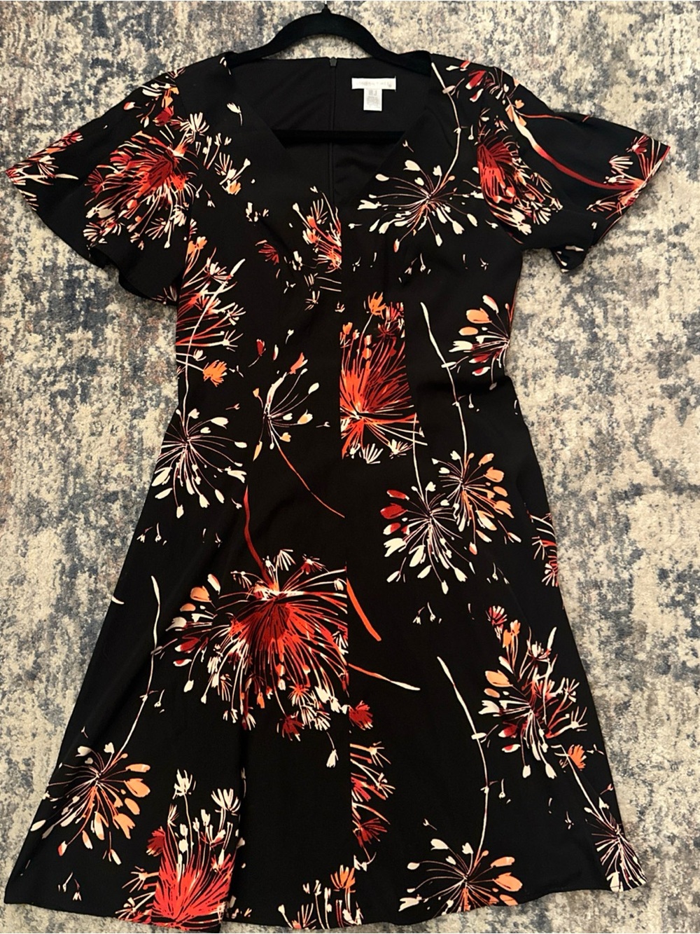 London Times Black Dress with Orange & Cream Floral Burst Print